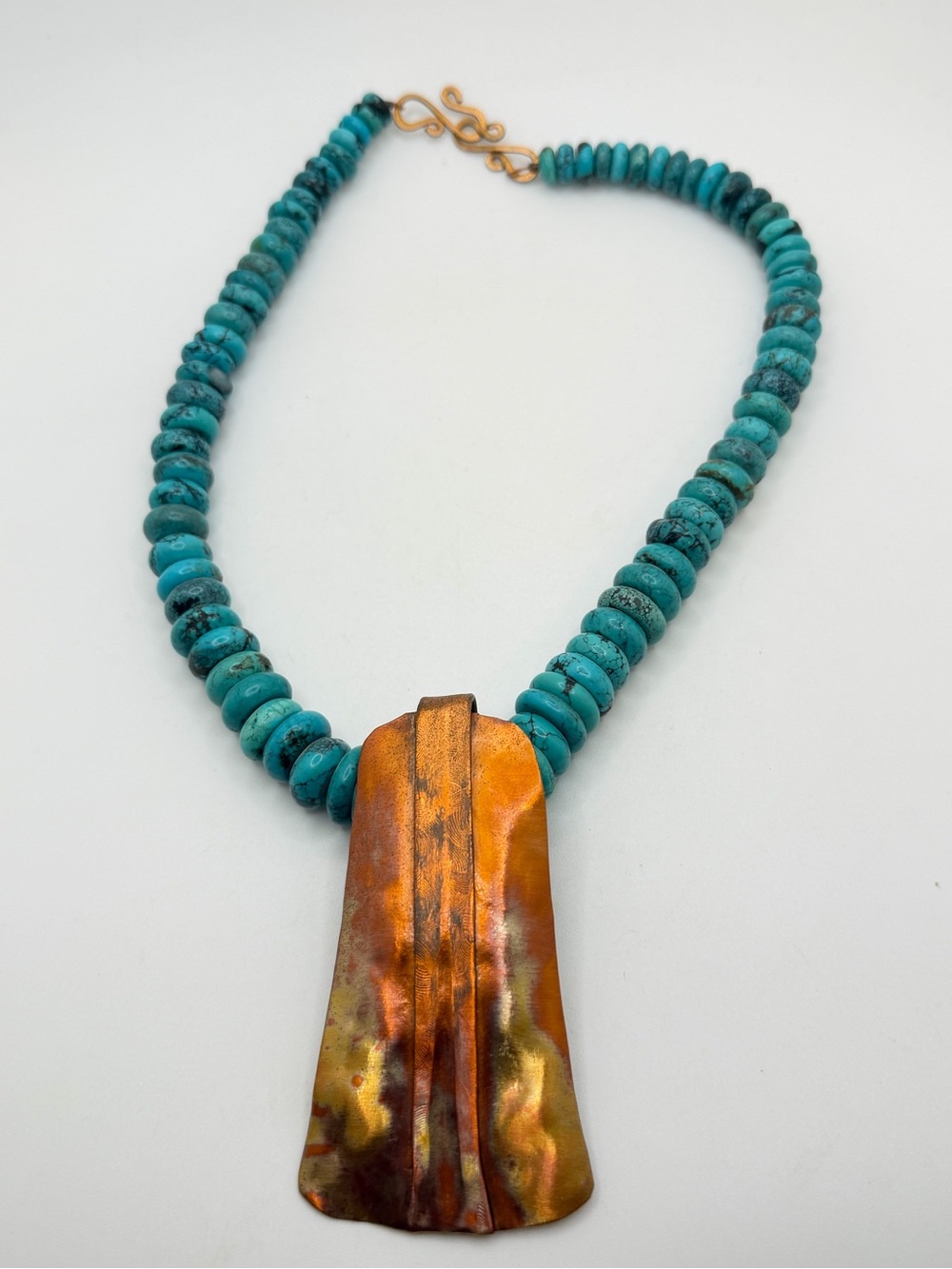 ~17" Graduated rondelle Tibetan turquoise necklace w/ detachable Copper pendant!